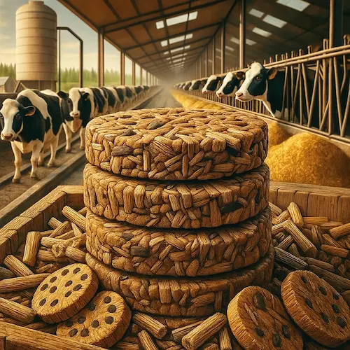 Stacked concentrated cattle feed cookies made from agro-waste by HAB Biomass Pvt. Ltd.